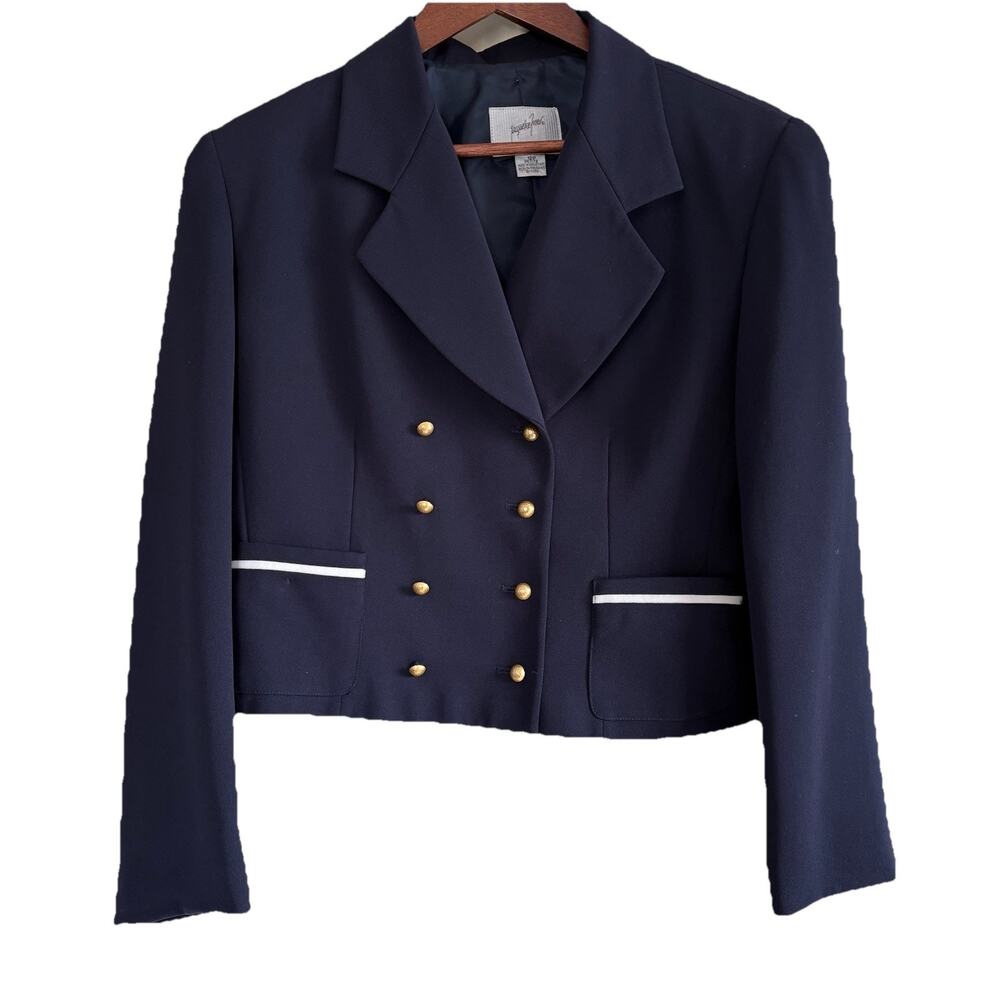 Jacqueline Ferrar Vtg 80's Navy Blue Cropped Blazer Gold Buttons Sz 12 Nautical